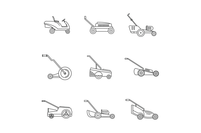 lawnmower-grass-garden-icons-set-outline-style