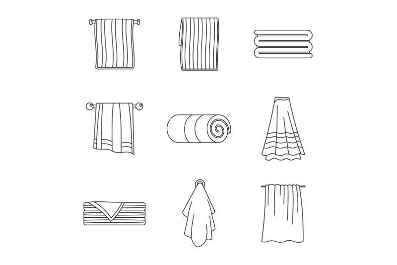 towel-hanging-spa-bath-icons-set-outline-style