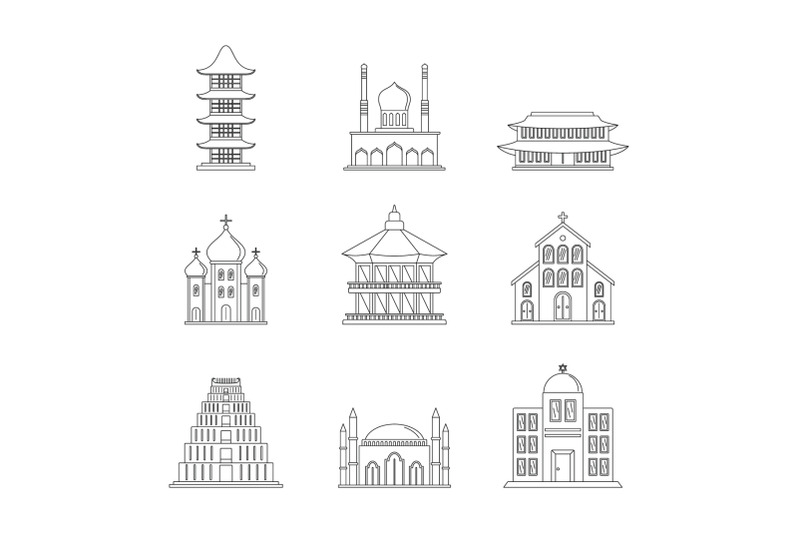 temple-tower-castle-icons-set-outline-style