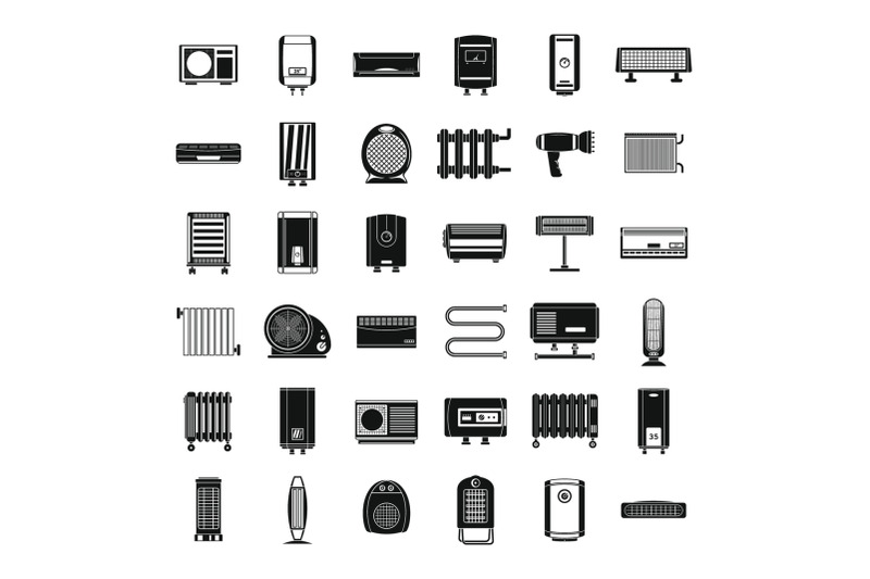 electric-heater-device-icons-set-simple-style