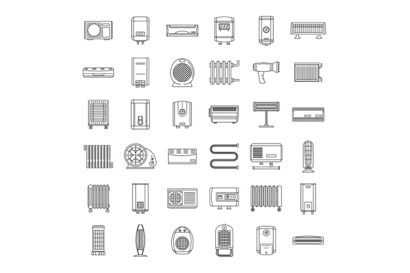 electric-heater-device-icons-set-outline-style
