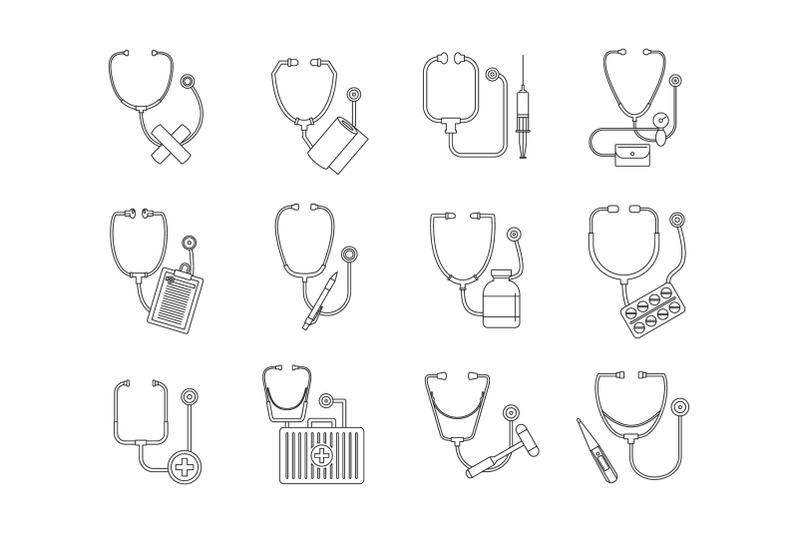 phonendoscope-stethoscope-icons-set-outline-style