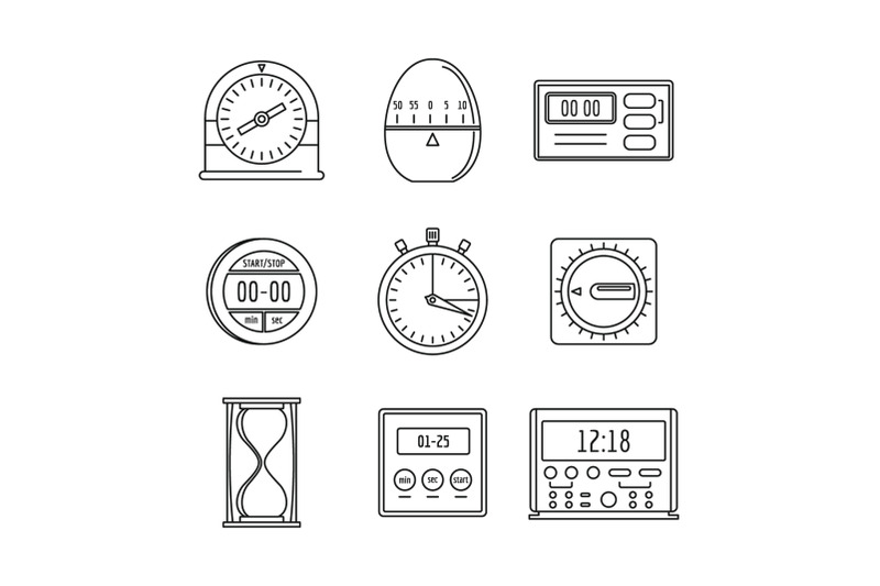 kitchen-timer-icons-set-outline-style