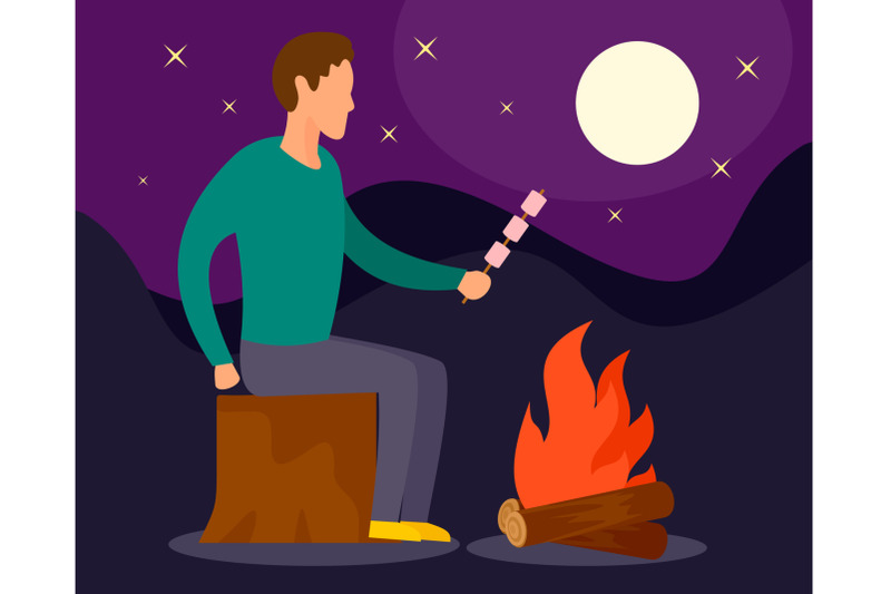 man-at-camp-fire-in-night-background-flat-style