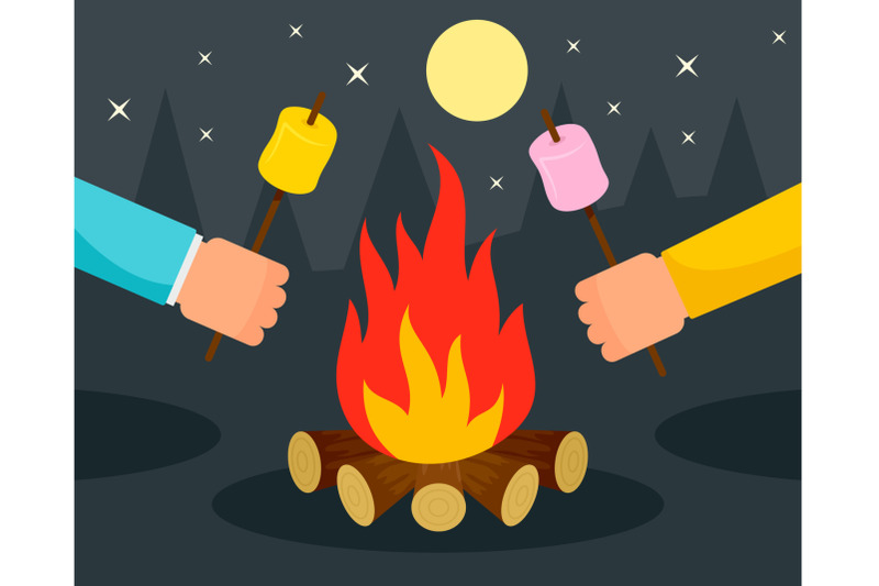 hand-with-marshmallow-at-camp-fire-background-flat-style