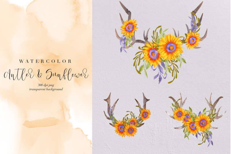 3-watercolor-antler-amp-sunflowers-summer-boho-wild-flowers-clipart