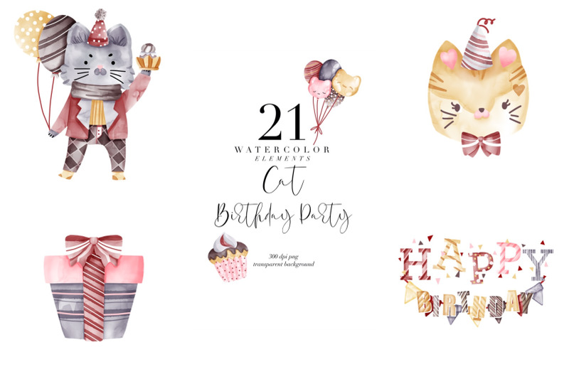 watercolor-birthday-cats-birthday-party-cat-transparent-png-clipart