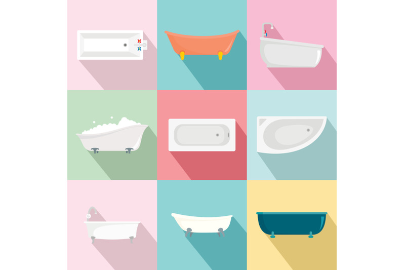 bathtub-interior-icons-set-flat-style