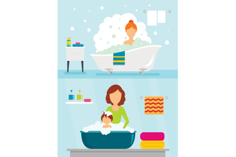 bathtub-bathe-woman-banner-concept-set-flat-style