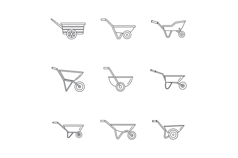 wheelbarrow-garden-plant-icons-set-outline-style
