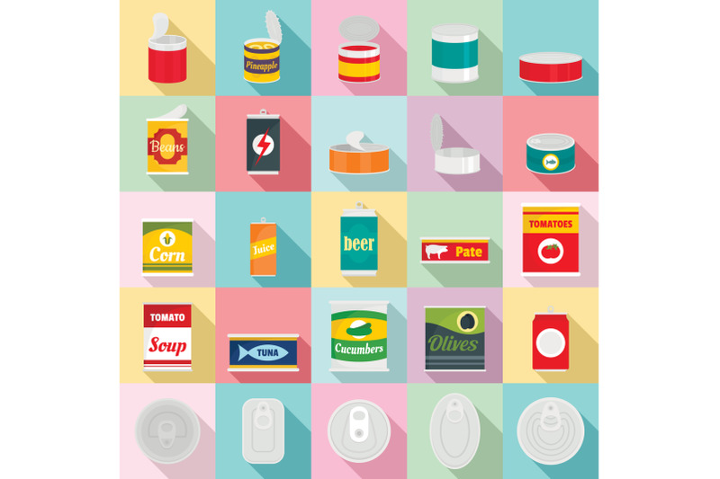 tin-can-food-package-jar-icons-set-flat-style