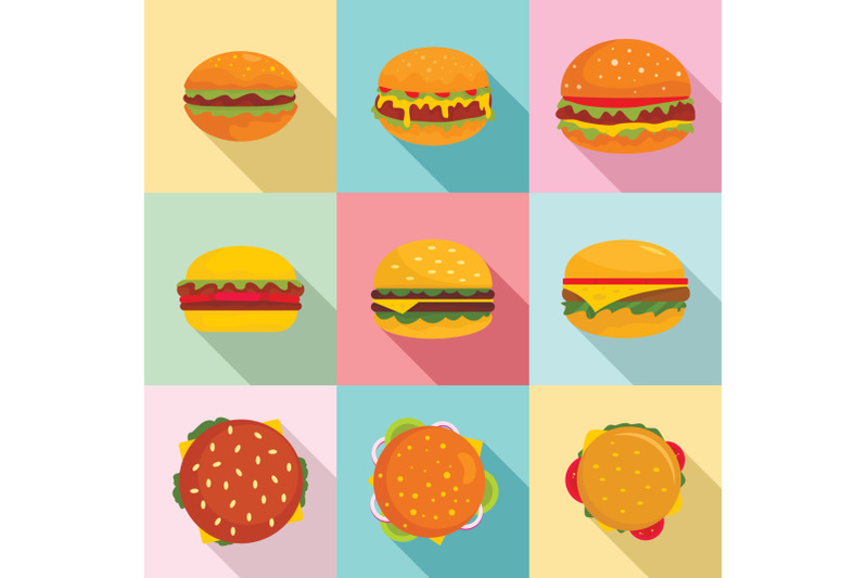 burger-sandwich-bread-bun-icons-set-flat-style