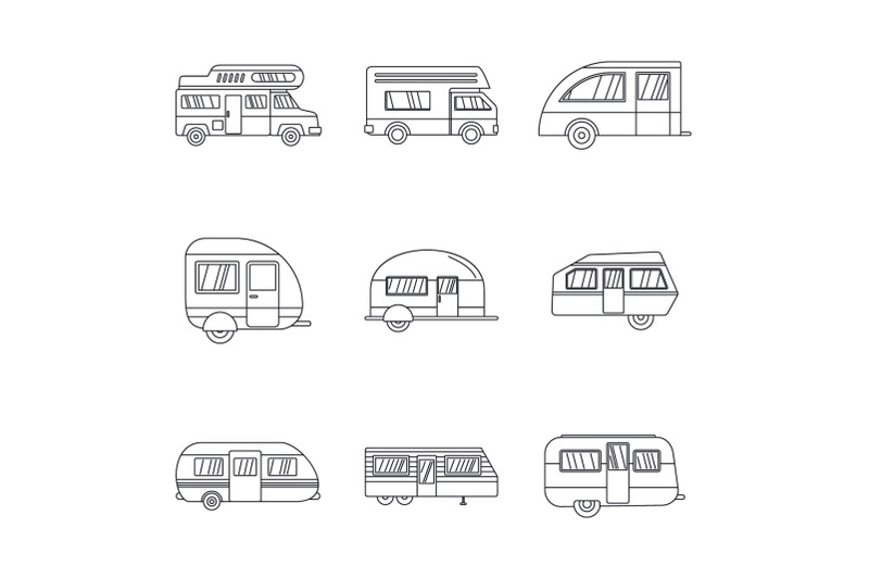 motorhome-car-trailer-icons-set-outline-style