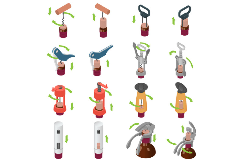 corkscrew-wine-opener-icons-set-isometric-style