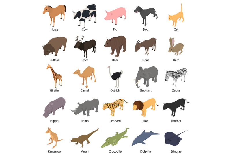 animals-with-signed-name-icons-set-isometric-style