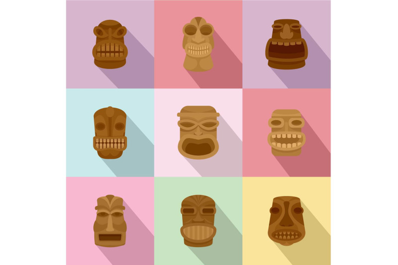 african-mask-icons-set-flat-style