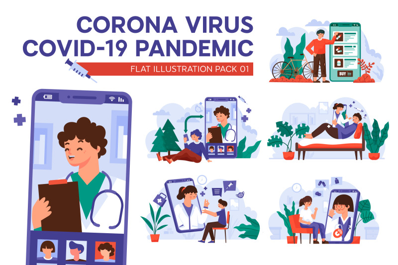 corona-virus-covid-19-pandemic-flat-illustration-package