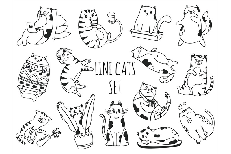 line-doodle-cats-set-cute-kittens-working-on-laptop-eating-burger-p