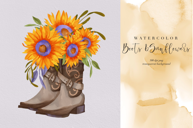 boots-and-sunflower-png-summer-flowers-water-color-cowgirl-clipart