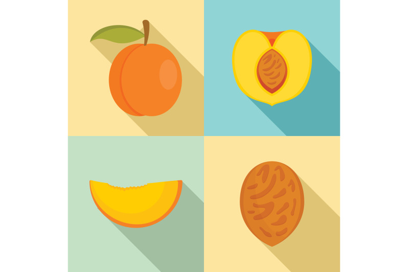 peach-tree-slices-fruit-half-icons-set-flat-style