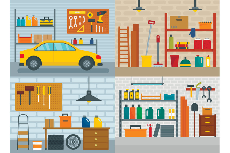 garage-interior-car-banner-concept-set-flat-style