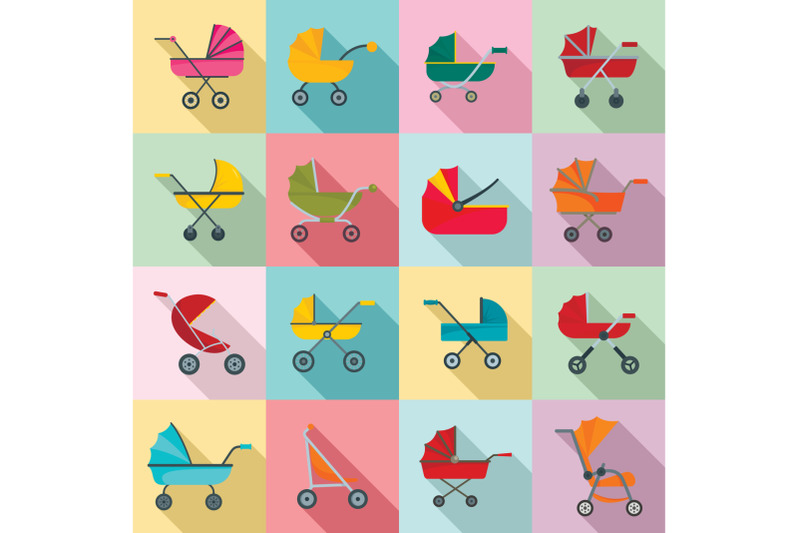 pram-stroller-carriage-icons-set-flat-style