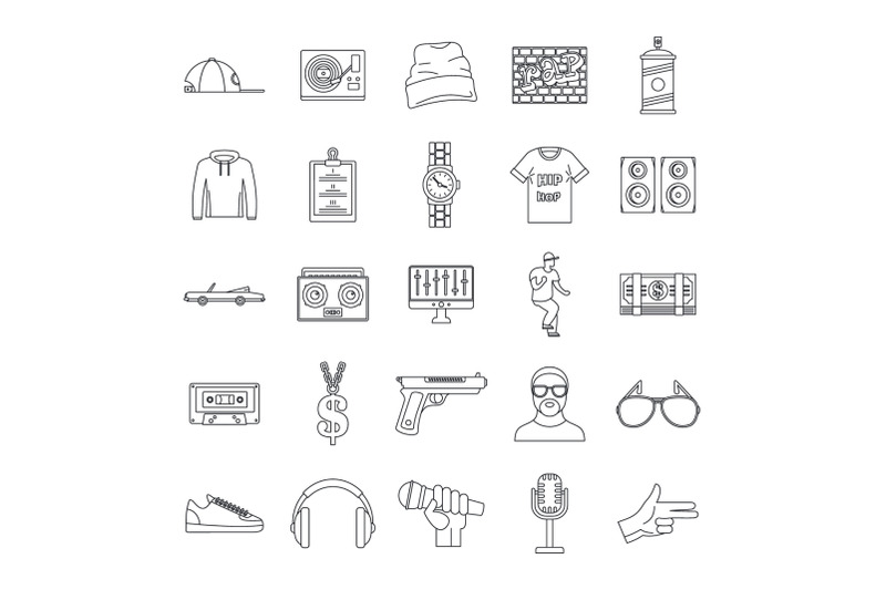 hiphop-rap-swag-music-dance-icons-set-outline-style