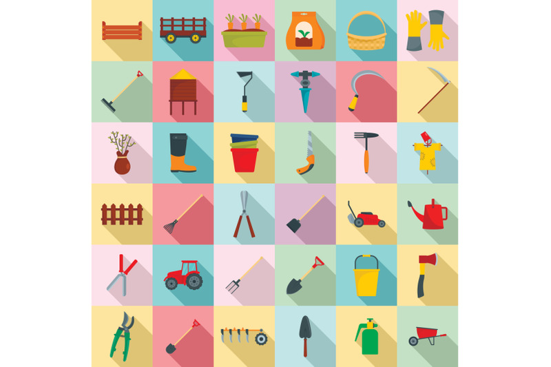 farming-equipment-garden-icons-set-flat-style