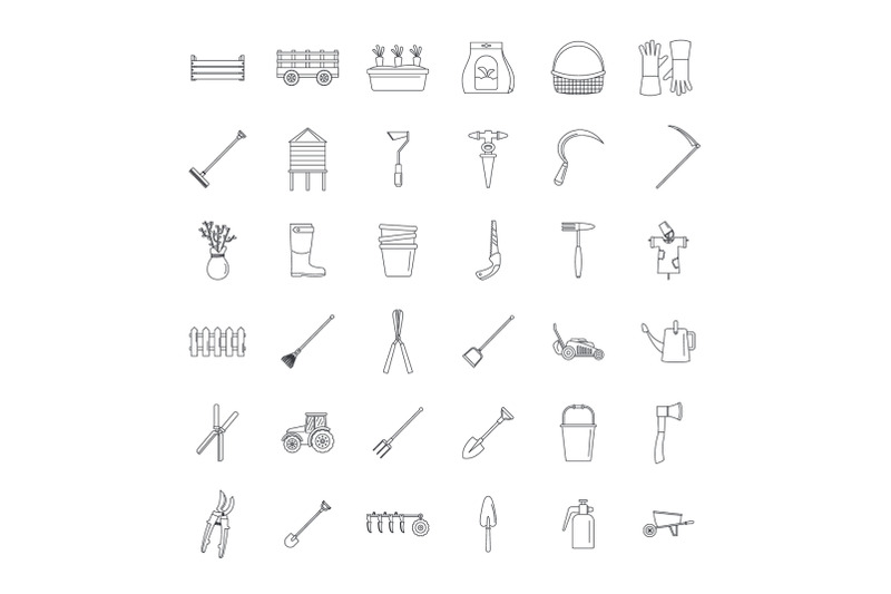 farming-equipment-garden-icons-set-outline-style