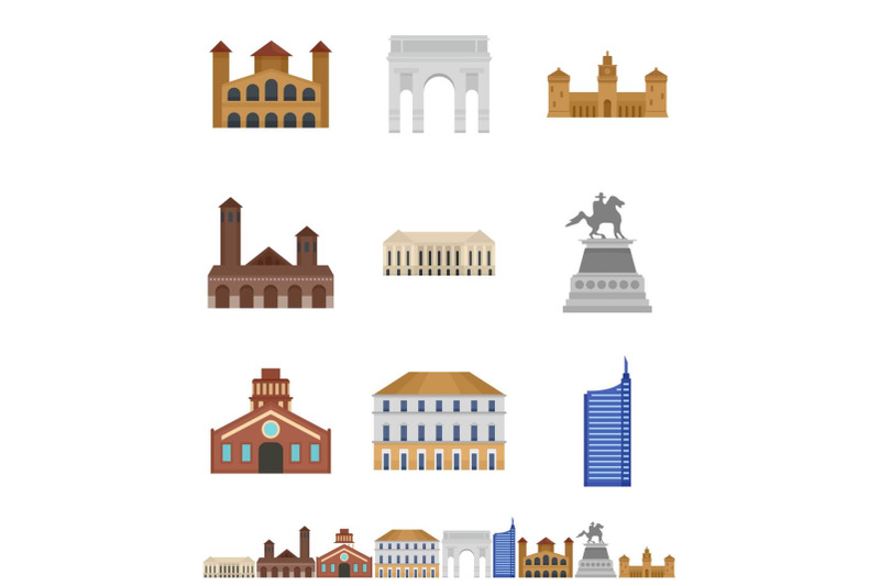 milan-italy-city-skyline-icons-set-flat-style