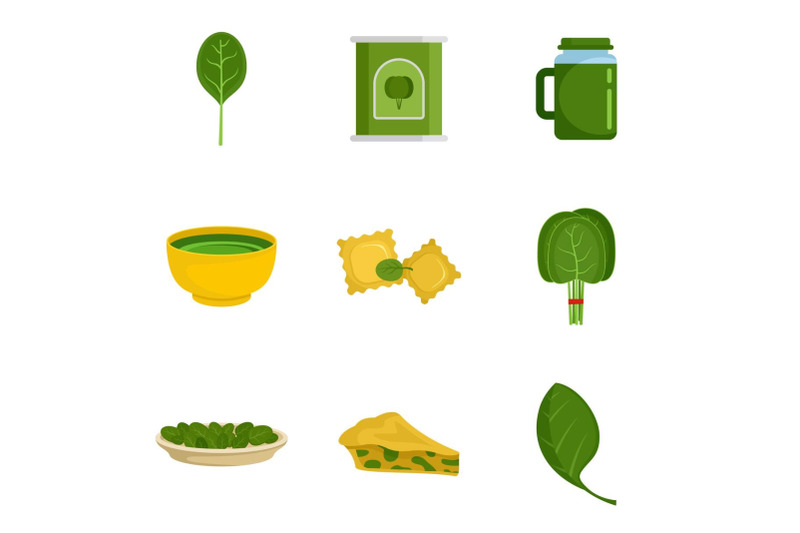 spinach-leaves-vegetables-icons-set-flat-style