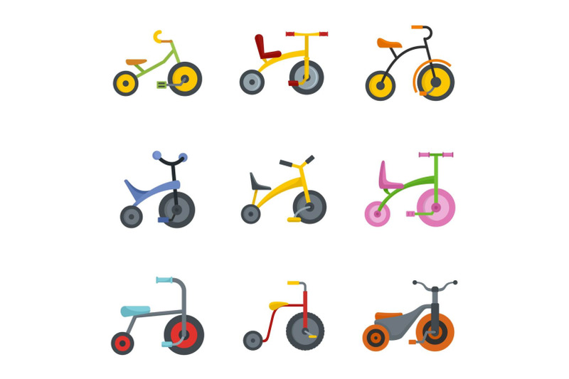 tricycle-bicycle-bike-wheel-icons-set-flat-style