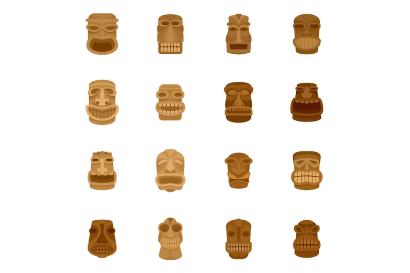 tiki-idol-aztec-hawaii-face-icons-set-flat-style