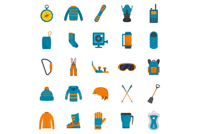 snowboard-equipment-winter-icons-set-flat-style