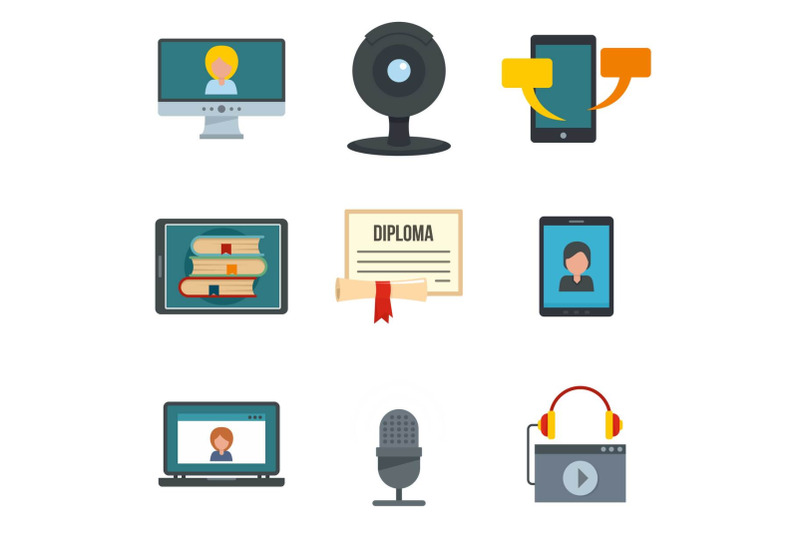 webinar-training-online-icons-set-flat-style