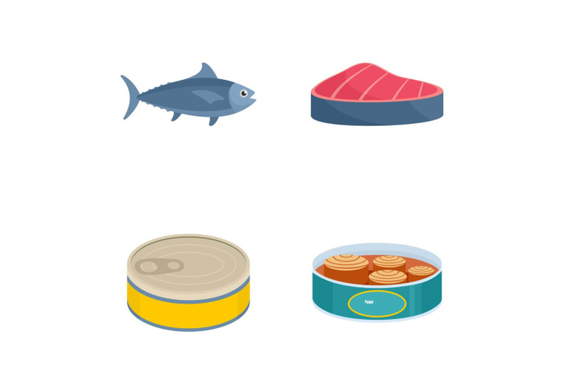 tuna-fish-can-steak-icons-set-flat-style