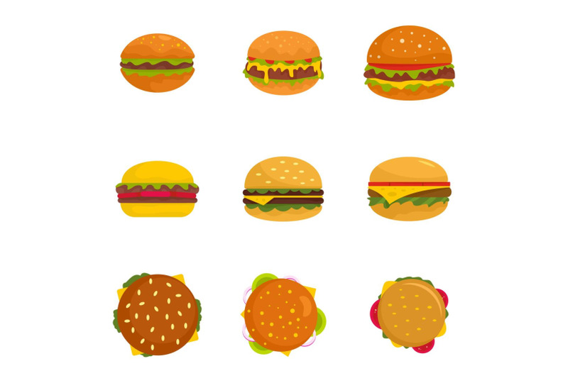 burger-sandwich-bread-bun-icons-set-flat-style