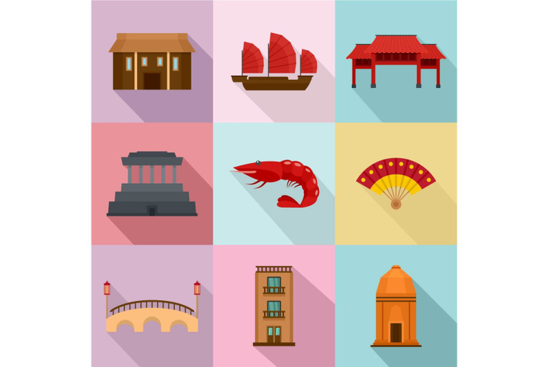 asia-journalism-icons-set-flat-style