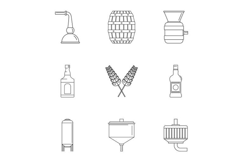 beer-distillation-icons-set-outline-style