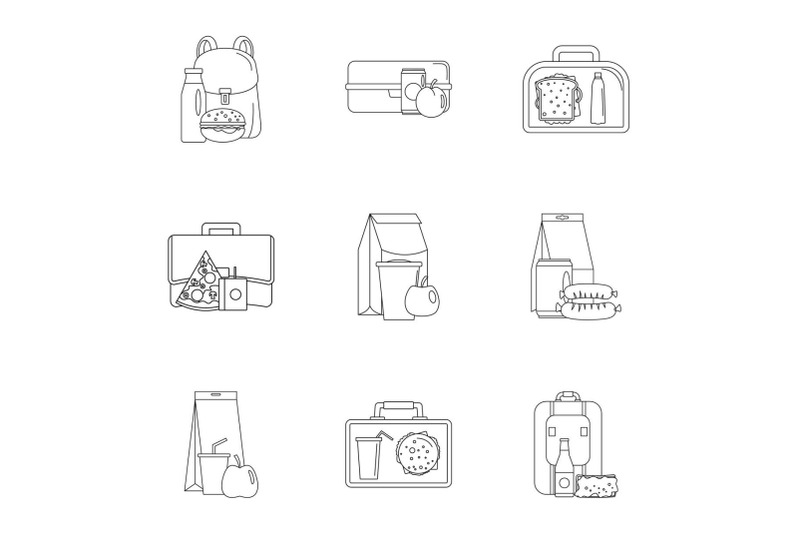 takeout-food-icons-set-outline-style