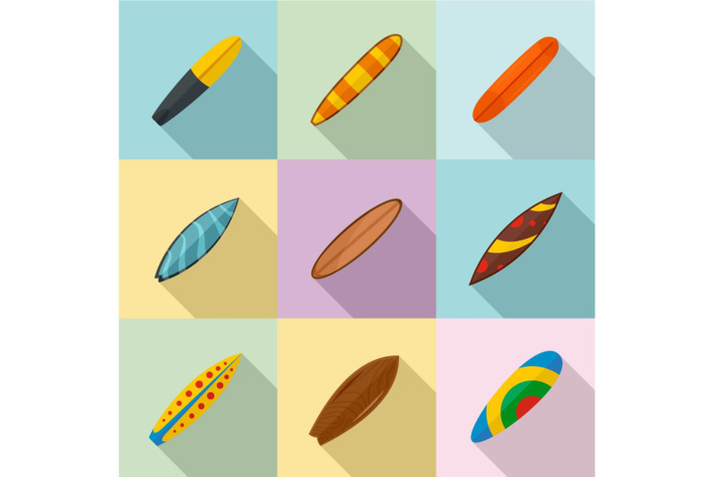 surf-board-icons-set-flat-style