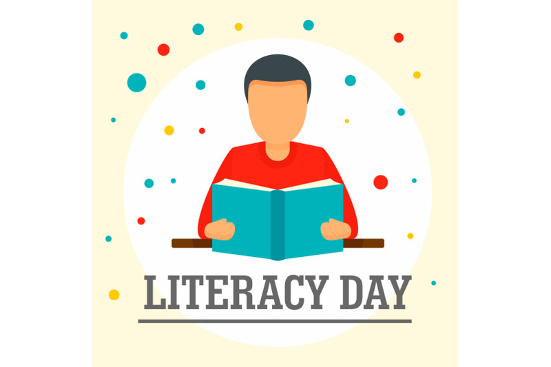 man-with-book-literacy-day-background-flat-style