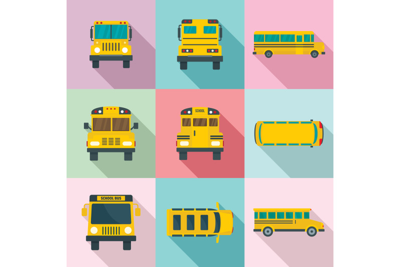 school-bus-back-kids-icons-set-flat-style