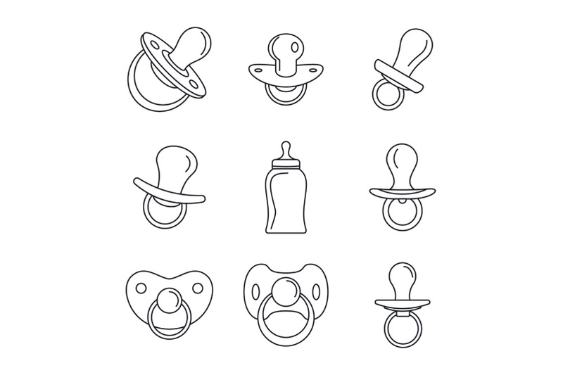 pacifier-baby-care-child-icons-set-outline-style