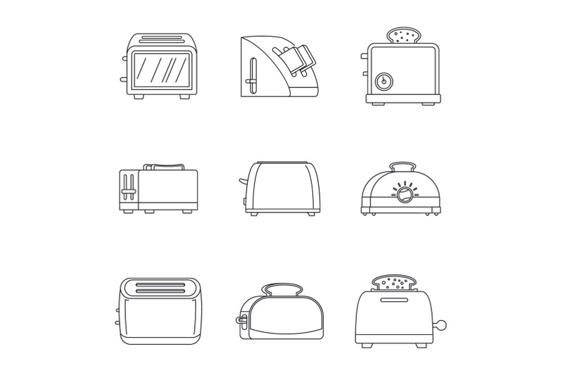 toaster-kitchen-bread-icons-set-outline-style