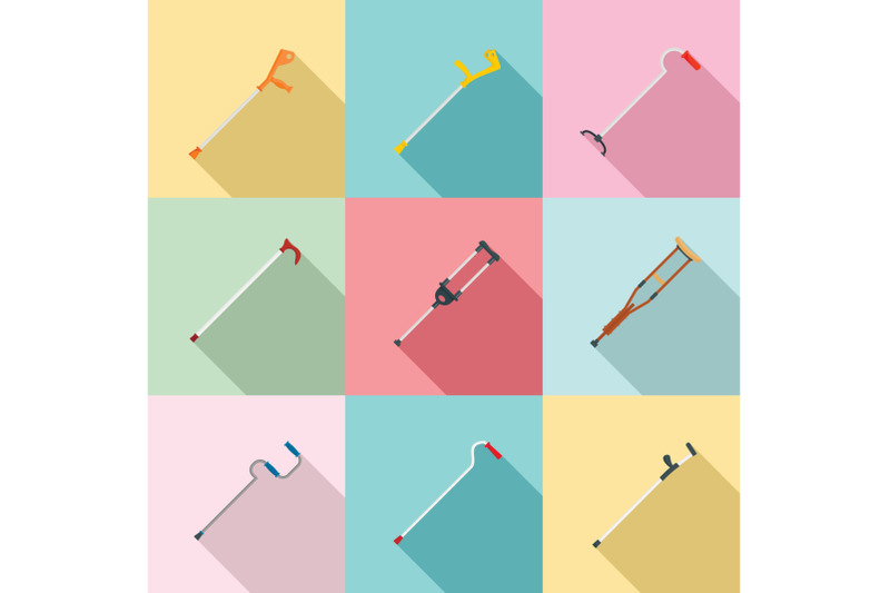 crutches-injury-support-care-icons-set-flat-style
