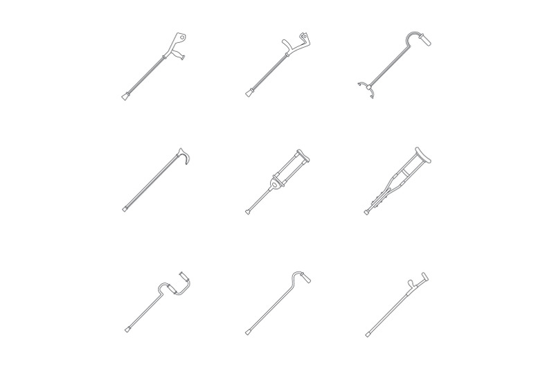 crutches-injury-support-care-icons-set-outline-style