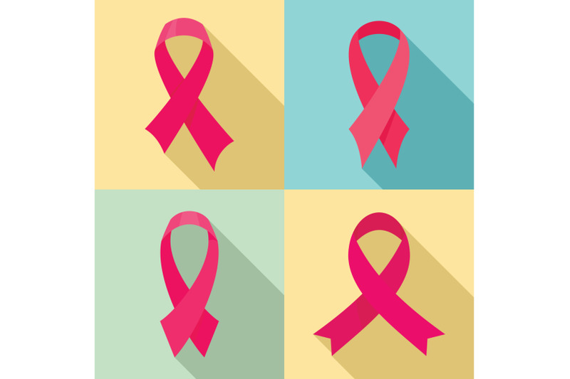 breast-cancer-ribbon-pink-icons-set-flat-style