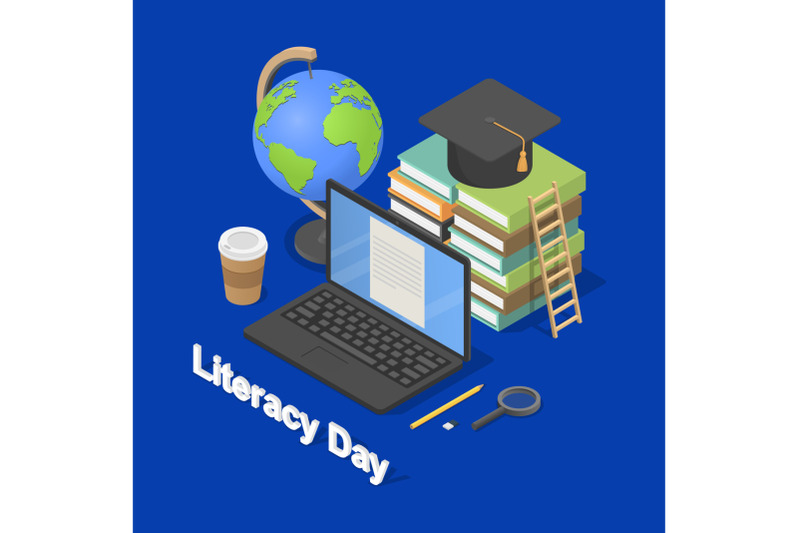 literacy-day-book-banner-concept-isometric-style