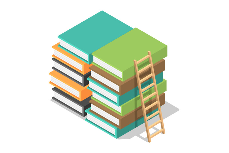 wood-ladder-on-stack-books-icon-isometric-style